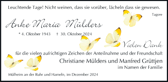 Traueranzeige von Anke Maria Mülders von Tageszeitung