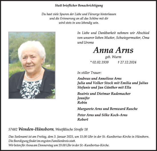 Traueranzeige von Anna Arns von Tageszeitung