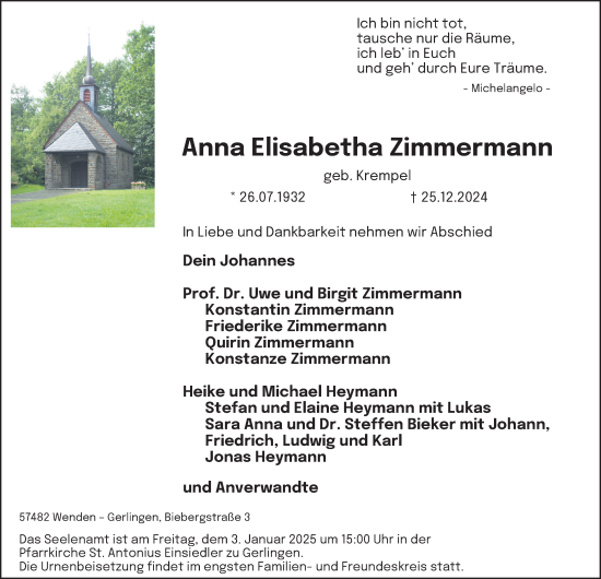 Traueranzeige von Anna Elisabetha Zimmermann von Tageszeitung