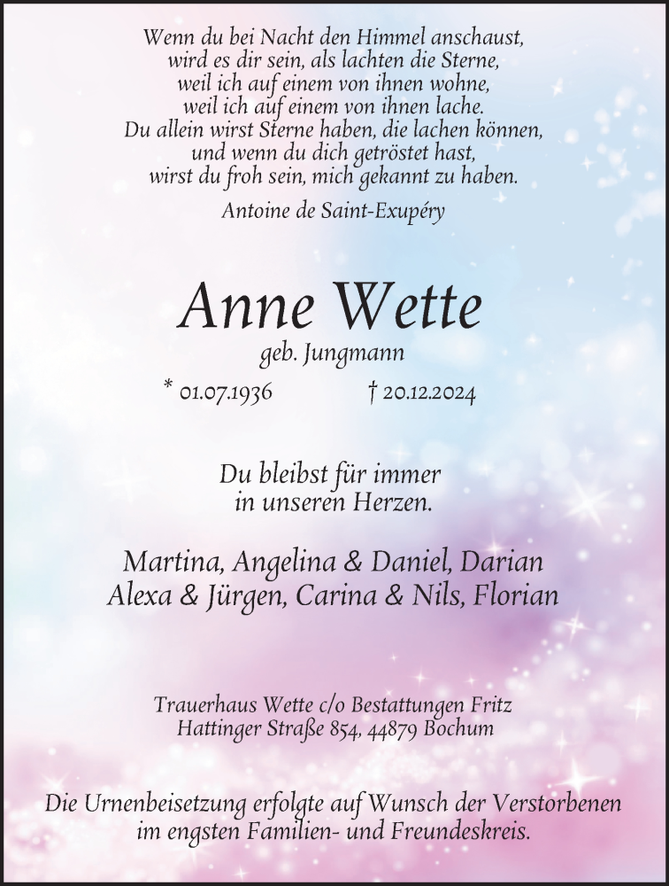  Traueranzeige für Anne Wette vom 18.01.2025 aus Tageszeitung