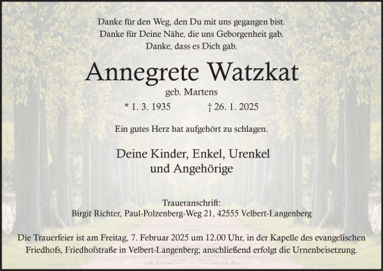 Traueranzeige von Annegrete Watzkat von Tageszeitung