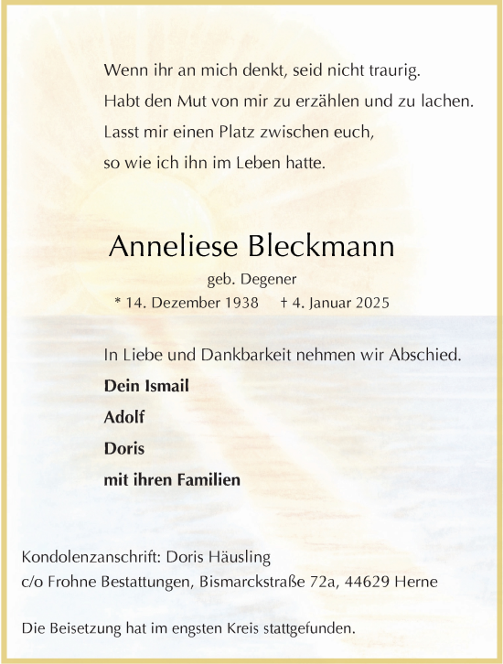 Traueranzeige von Anneliese Bleckmann von Tageszeitung