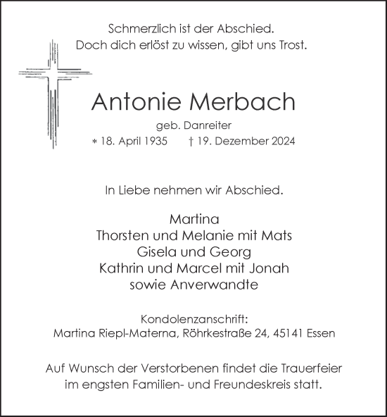 Traueranzeige von Antonie Merbach von Tageszeitung