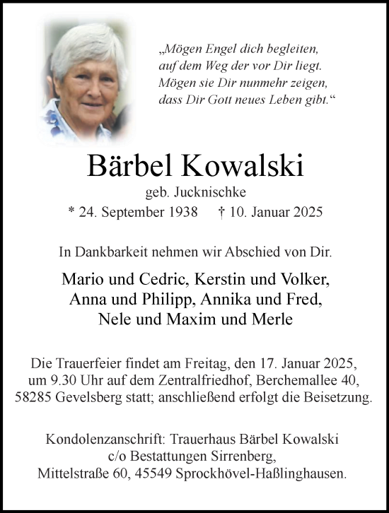 Traueranzeige von Bärbel Kowalski von Tageszeitung