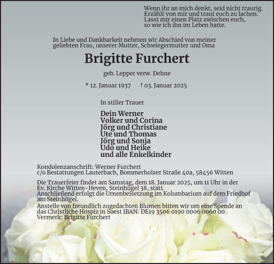 Traueranzeige von Brigitte Furchert von Tageszeitung