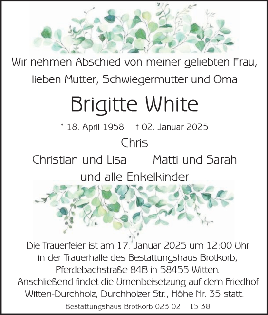 Traueranzeige von Brigitte White von Tageszeitung