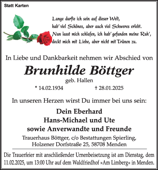 Traueranzeige von Brunhilde Böttger von Tageszeitung