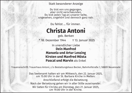Traueranzeige von Christa Antoni von Tageszeitung