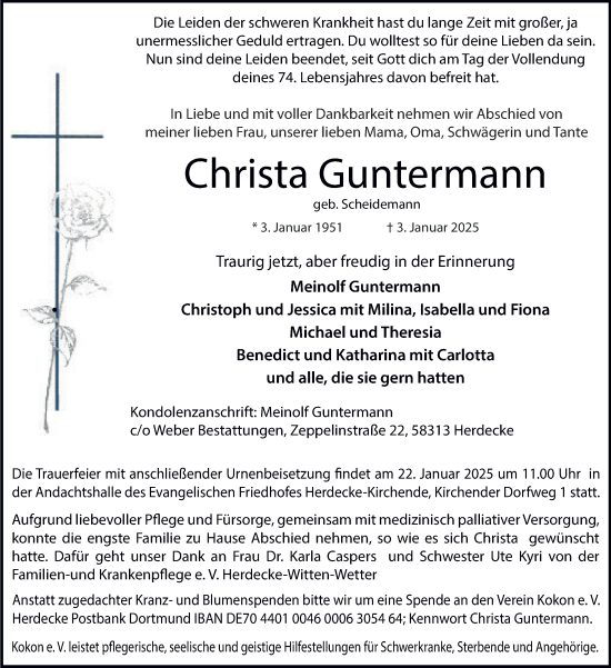 Traueranzeige von Christa Guntermann von Tageszeitung