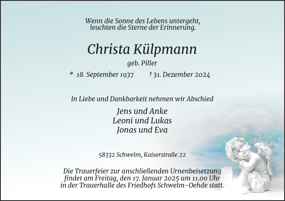  Traueranzeige für Christa Külpmann vom 11.01.2025 aus Tageszeitung