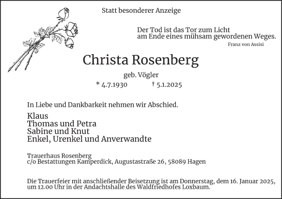 Traueranzeige von Christa Rosenberg von Tageszeitung