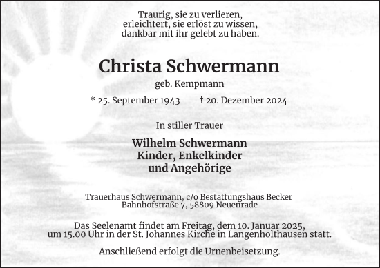 Traueranzeige von Christa Schwermann von Tageszeitung