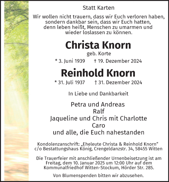 Traueranzeige von Christa und Reinhold Knorn von Tageszeitung