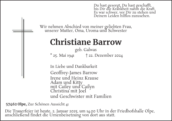 Traueranzeige von Christiane Barrow von Tageszeitung