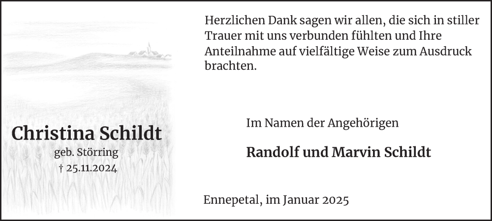  Traueranzeige für Christina Schildt vom 18.01.2025 aus Tageszeitung