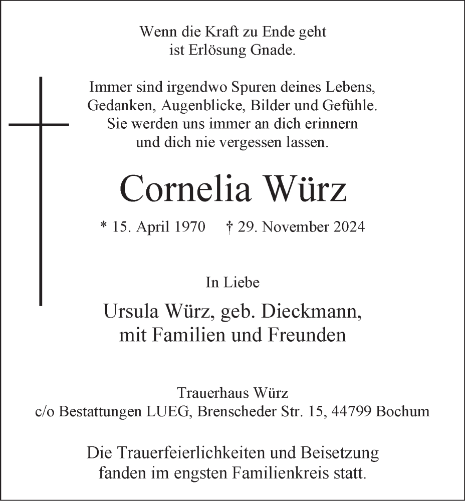  Traueranzeige für Cornelia Würz vom 04.01.2025 aus Tageszeitung