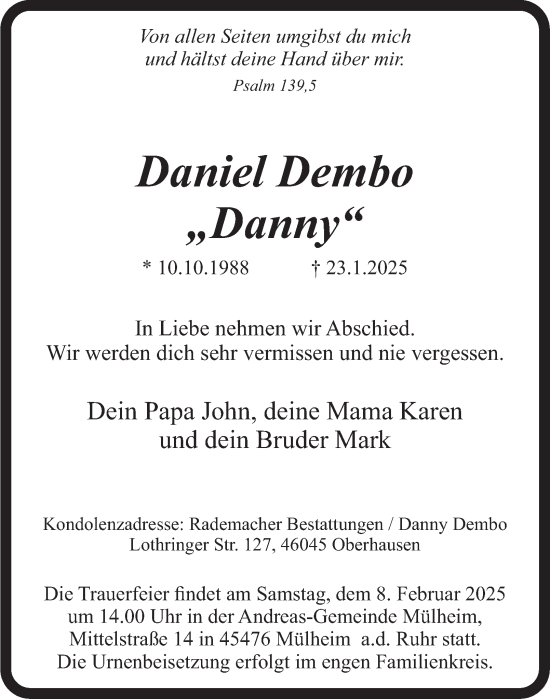 Traueranzeige von Daniel Dembo von Tageszeitung