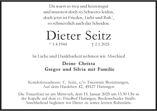 Traueranzeige von Dieter Seitz von Tageszeitung