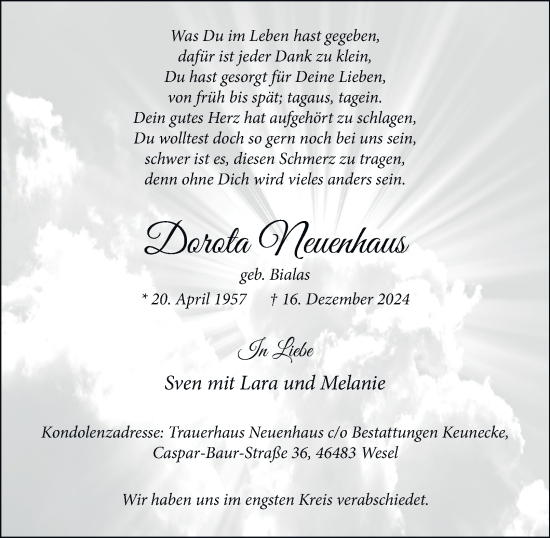 Traueranzeige von Dorota Neuenhaus von Tageszeitung