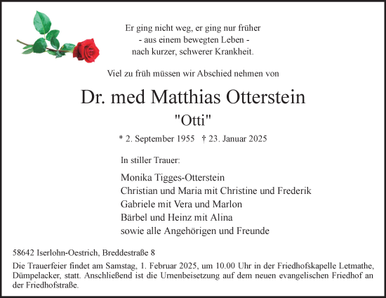 Traueranzeige von Dr. med. Matthias Otterstein von Tageszeitung