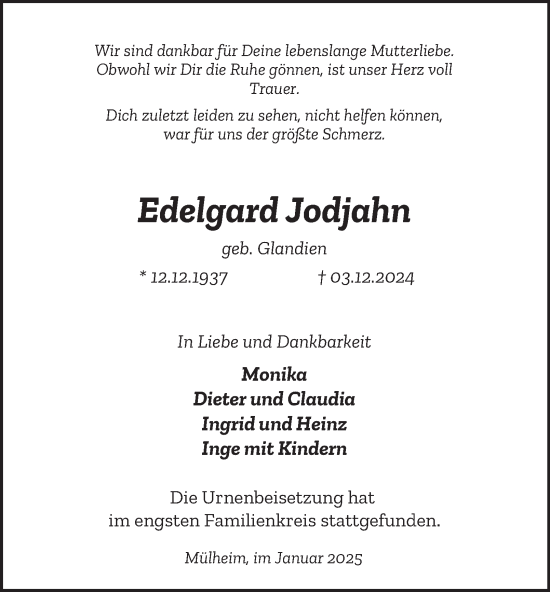 Traueranzeige von Edelgard Jodjahn von Tageszeitung
