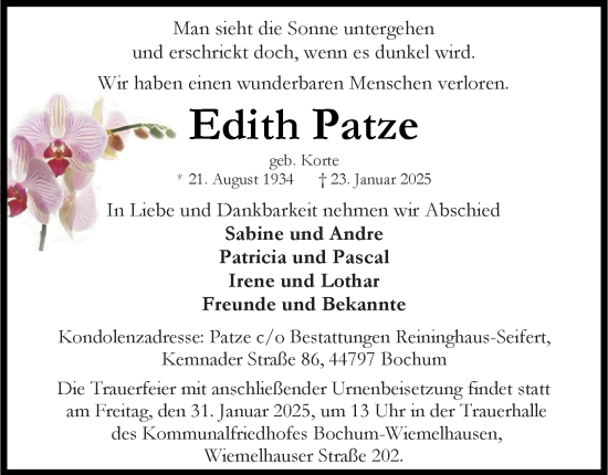 Traueranzeige von Edith Patze von Tageszeitung