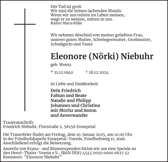 Traueranzeige von Eleonore Niebuhr von Tageszeitung