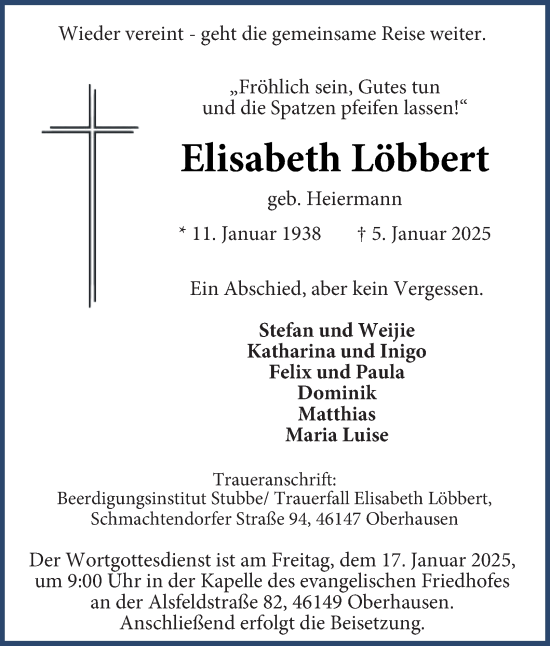 Traueranzeige von Elisabeth Löbbert von Tageszeitung