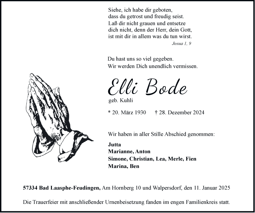  Traueranzeige für Elli Bode vom 11.01.2025 aus Tageszeitung