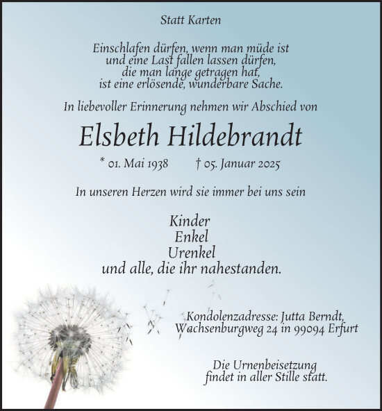 Traueranzeige von Elsbeth Hildebrandt von Tageszeitung