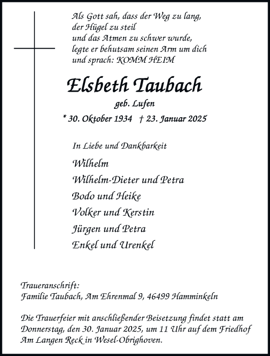 Traueranzeige von Elsbeth Taubach von Tageszeitung