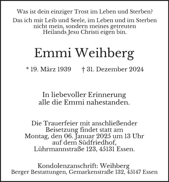 Traueranzeige von Emmi Weihberg von Tageszeitung