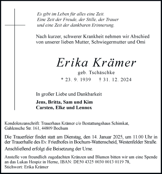 Traueranzeige von Erika Krämer von Tageszeitung