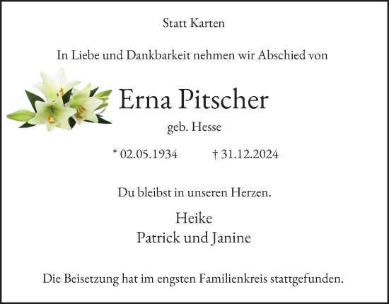 Traueranzeige von Erna Pitscher von Tageszeitung