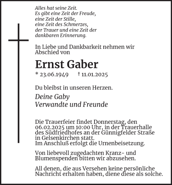 Traueranzeige von Ernst Gaber von Tageszeitung
