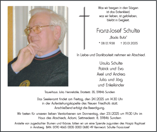 Traueranzeige von Franz-Josef Schulte von Tageszeitung