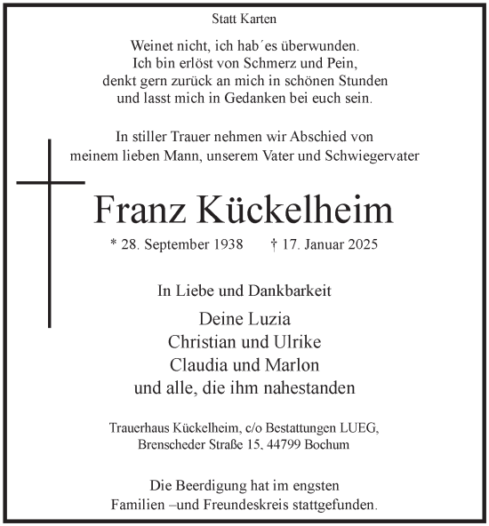 Traueranzeige von Franz Kückelheim von Tageszeitung
