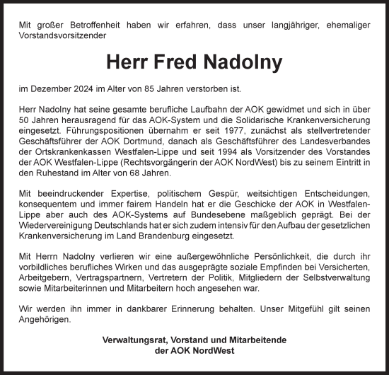 Traueranzeige von Fred Nadolny von Tageszeitung