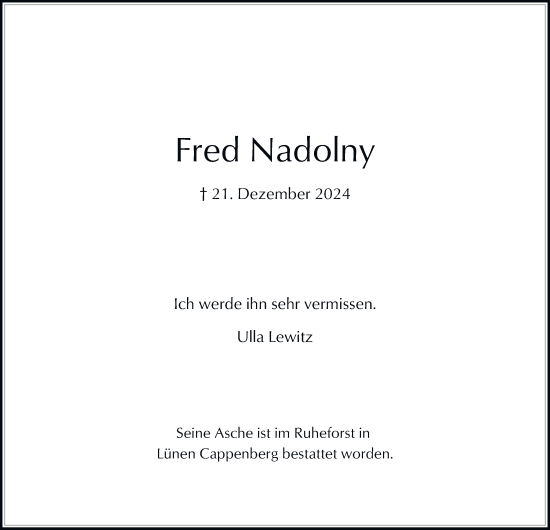 Traueranzeige von Fred Nadolny von Tageszeitung