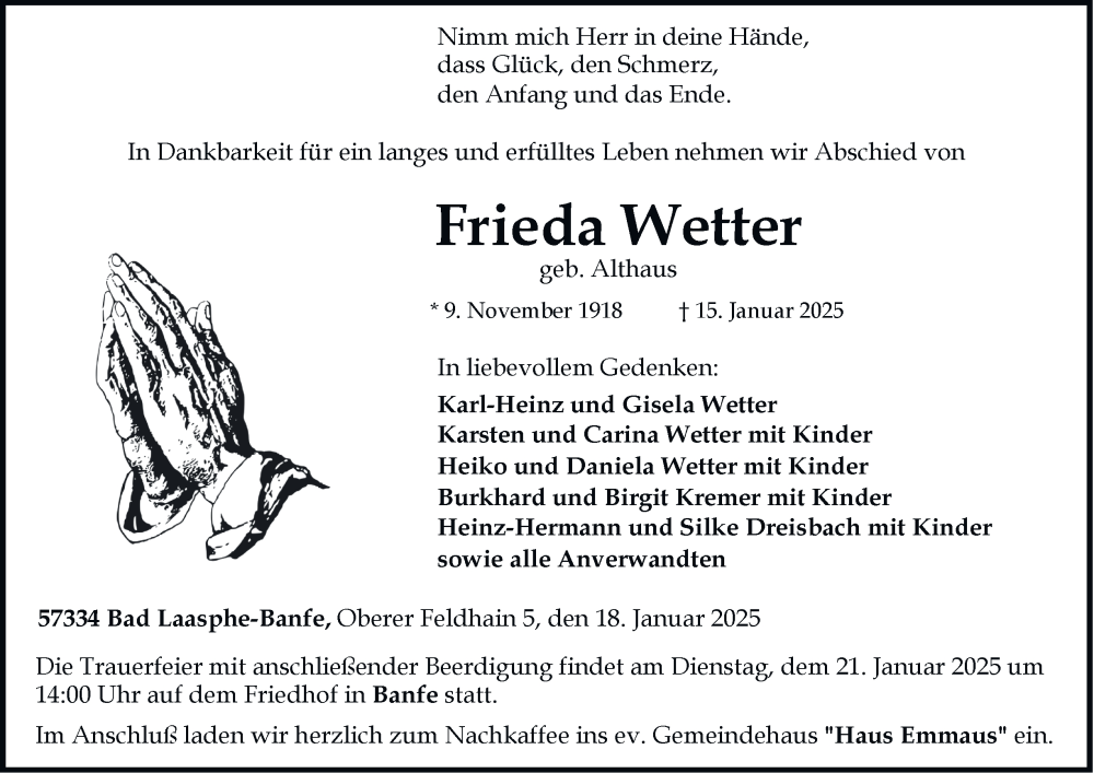  Traueranzeige für Frieda Wetter vom 18.01.2025 aus Tageszeitung