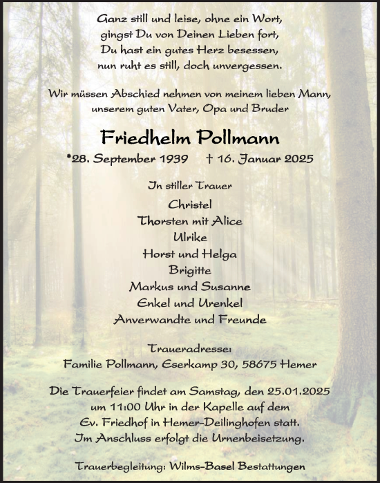 Traueranzeige von Friedhelm Pollmann von Tageszeitung