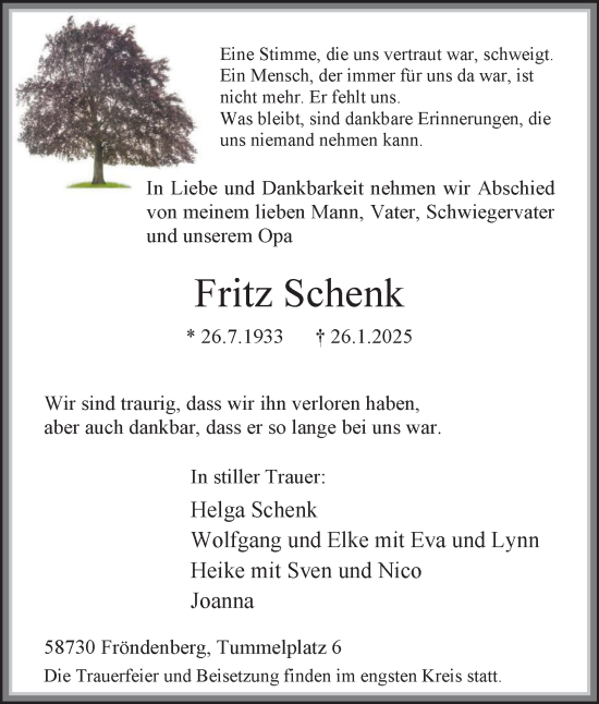 Traueranzeige von Fritz Schenk von Tageszeitung