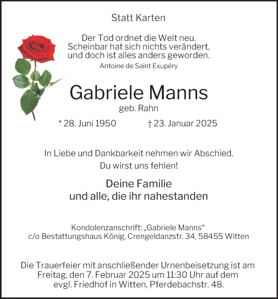 Traueranzeige von Gabriele Manns von Tageszeitung