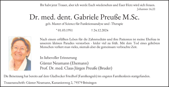 Traueranzeige von Gabriele Preuße von Tageszeitung