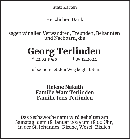 Traueranzeige von Georg Terlinden von Tageszeitung