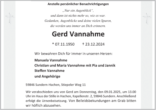 Traueranzeige von Gerd Vannahme von Tageszeitung