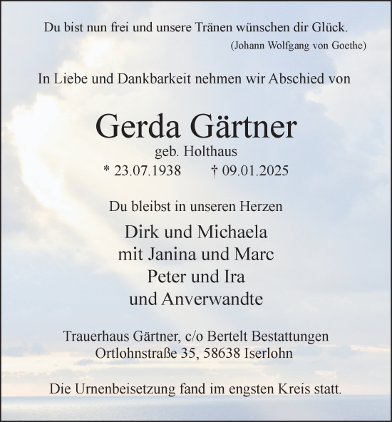 Traueranzeige von Gerda Gärtner von Tageszeitung