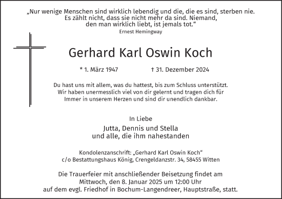 Traueranzeige von Gerhard Karl Oswin Koch von Tageszeitung