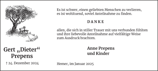 Traueranzeige von Gert  Prepens von Tageszeitung