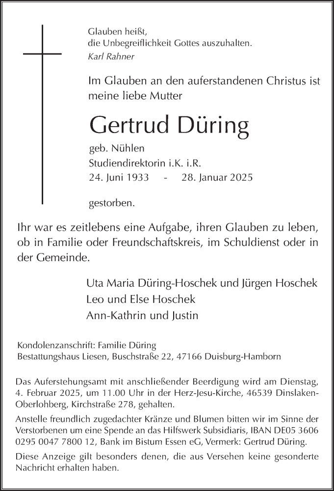  Traueranzeige für Gertrud Düring vom 01.02.2025 aus Tageszeitung